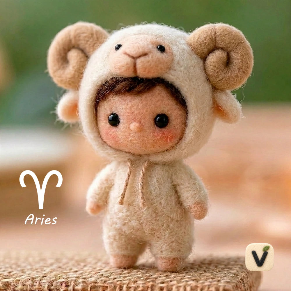 Handmade Wool Felt Aries Zodiac Doll with Sheep Hood Outfit – Cute Constellation Desktop Decor Ornament