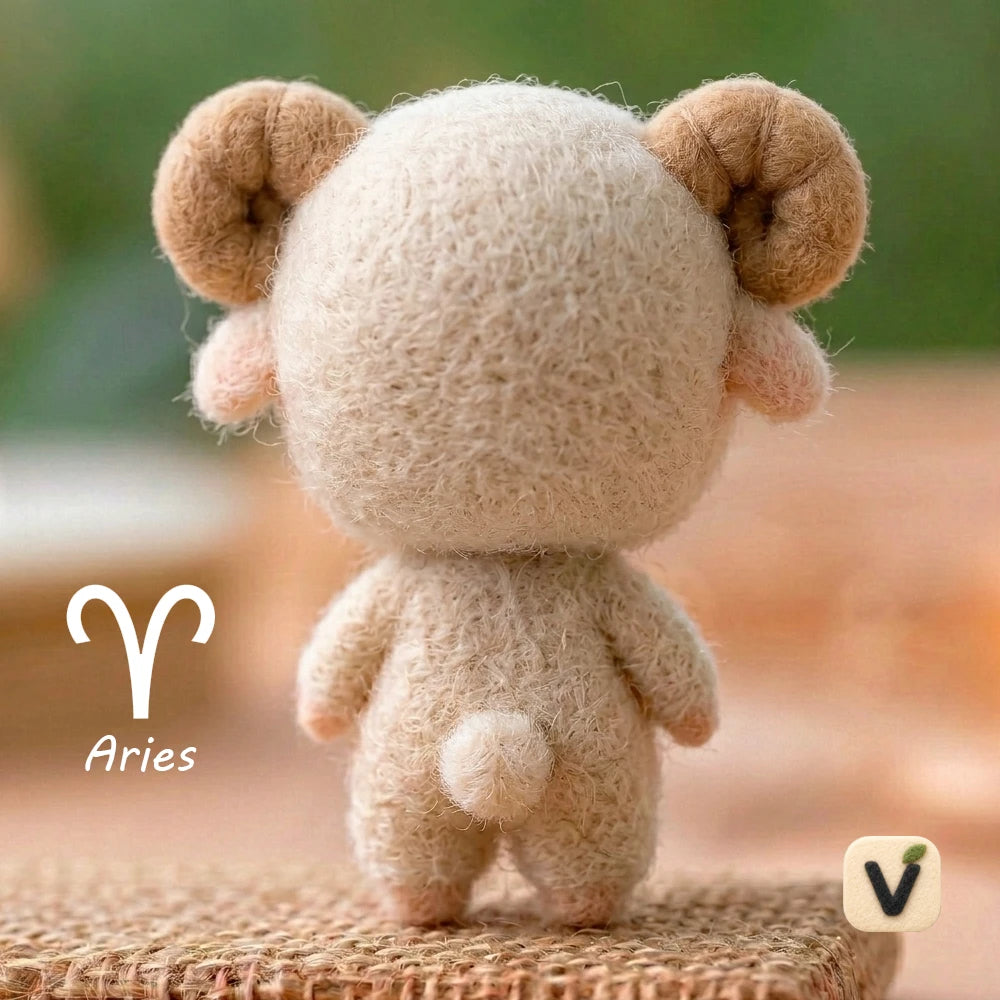 Handmade Wool Felt Aries Zodiac Doll with Sheep Hood Outfit – Cute Constellation Desktop Decor Ornament