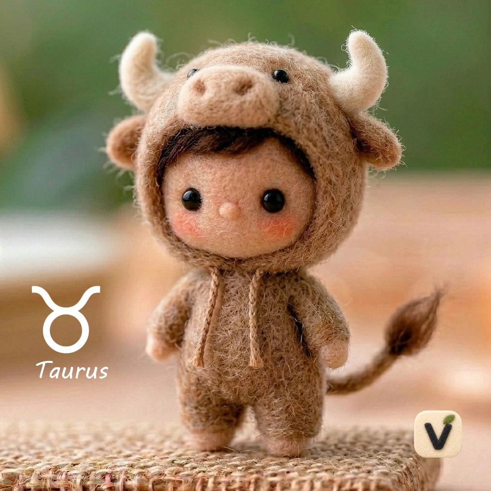 Handmade Wool Felt Taurus Zodiac Doll with Cow Hood Jumpsuit – Cute Constellation Desktop Ornament