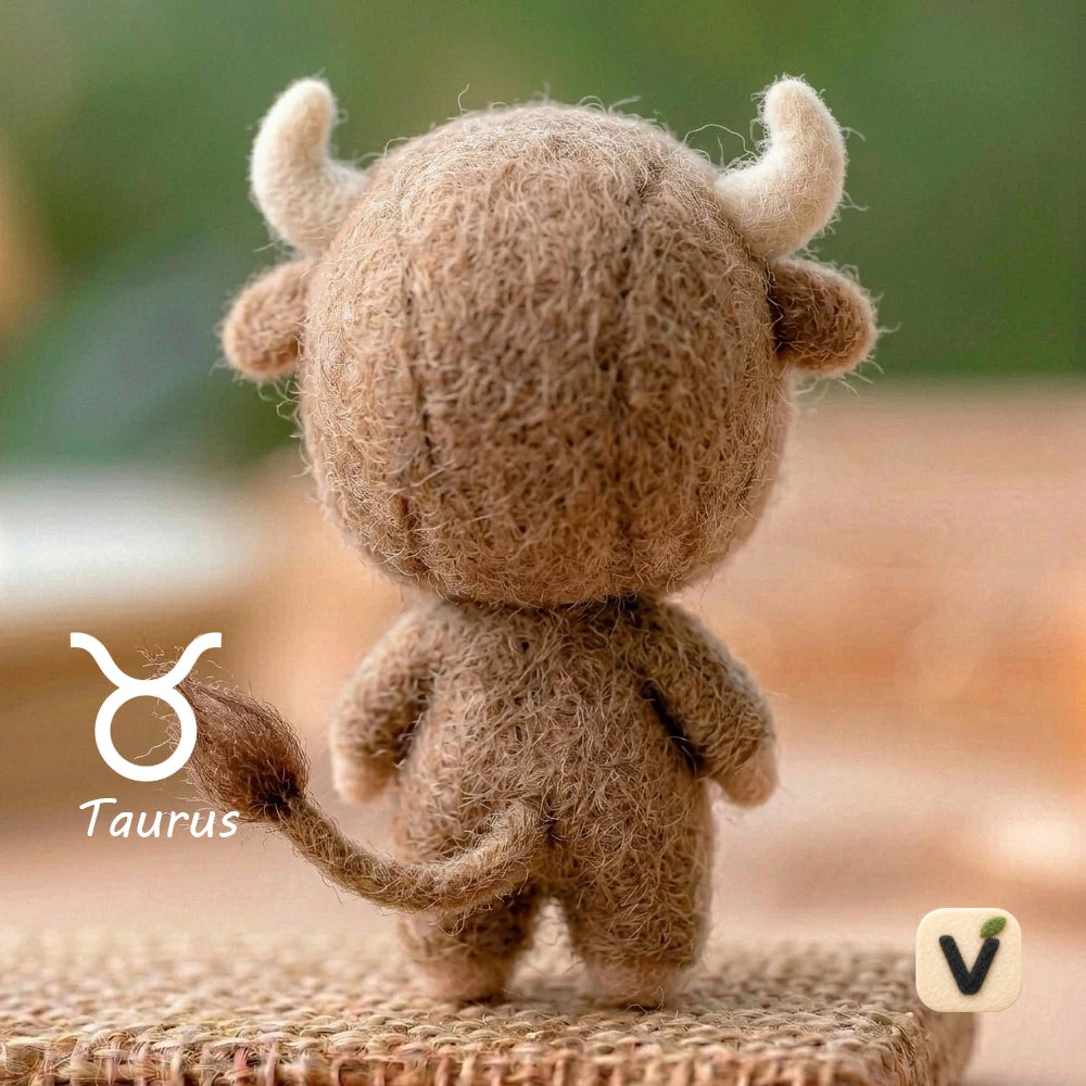 Handmade Wool Felt Taurus Zodiac Doll with Cow Hood Jumpsuit – Cute Constellation Desktop Ornament