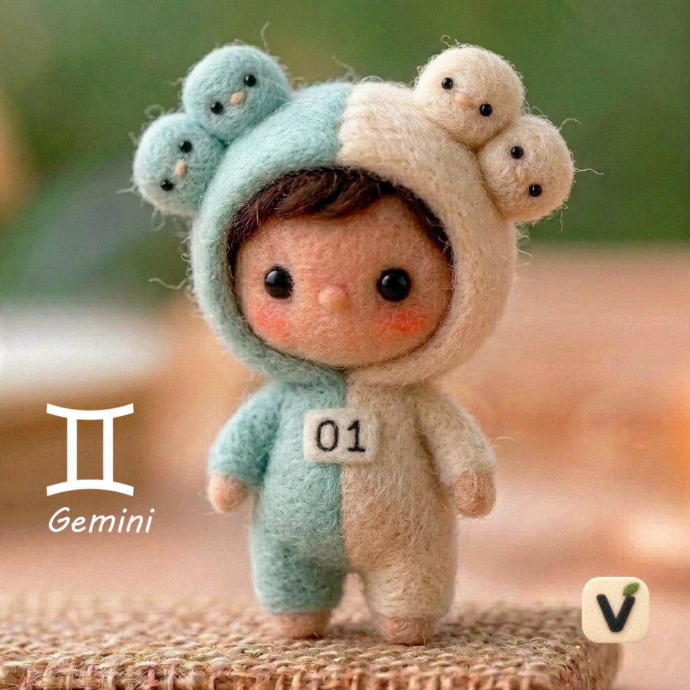 Handmade Wool Felt Gemini Zodiac Split-color Doll with Twin Mini Heads Hood – Cute Constellation Desktop Ornament