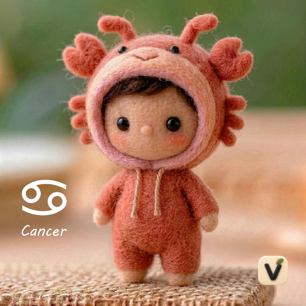 Handmade Wool Felt Cancer Zodiac Doll with Crab Hood Jumpsuit – Cute Constellation Desktop Ornament