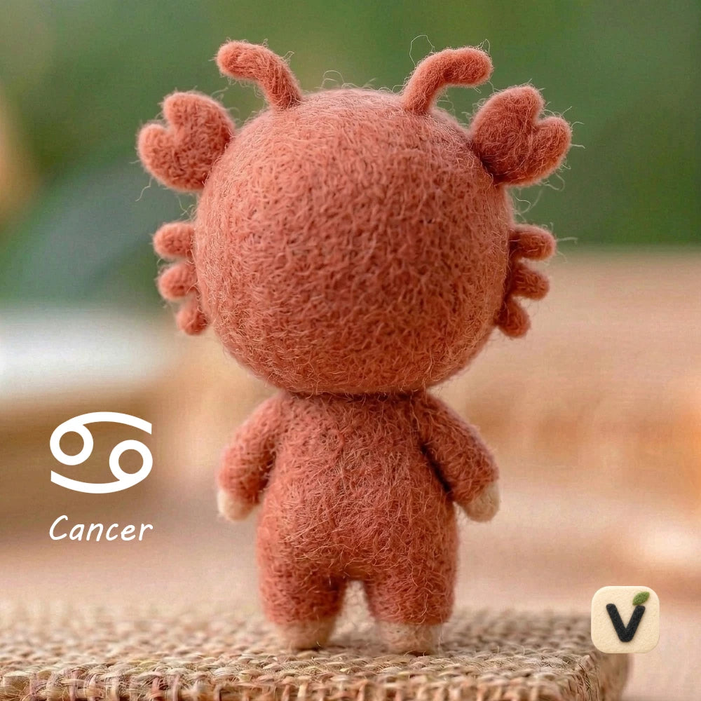 Handmade Wool Felt Cancer Zodiac Doll with Crab Hood Jumpsuit – Cute Constellation Desktop Ornament