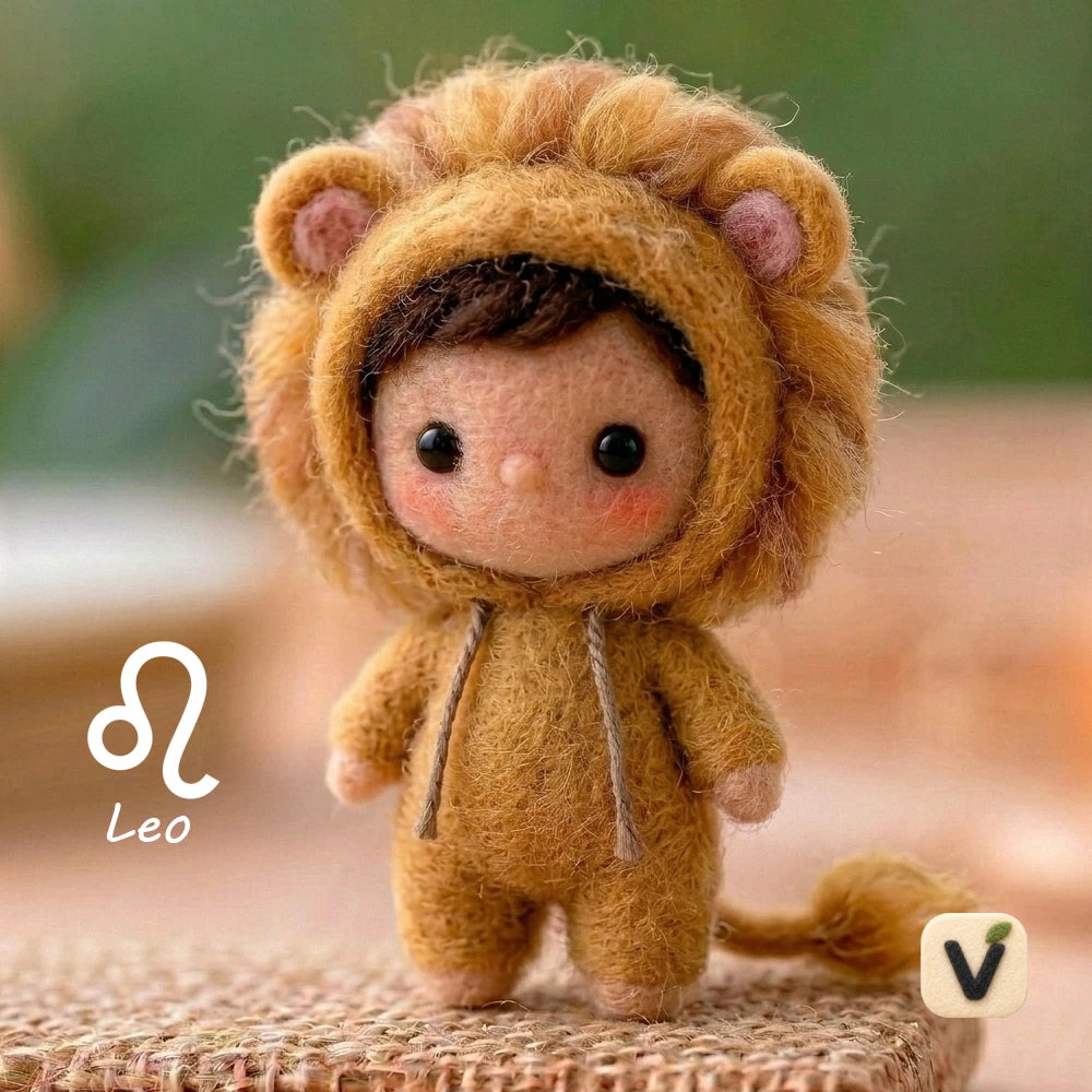 Handmade Wool Felt Leo Zodiac Doll with Lion Hood Jumpsuit – Lovely Constellation Desktop Ornament