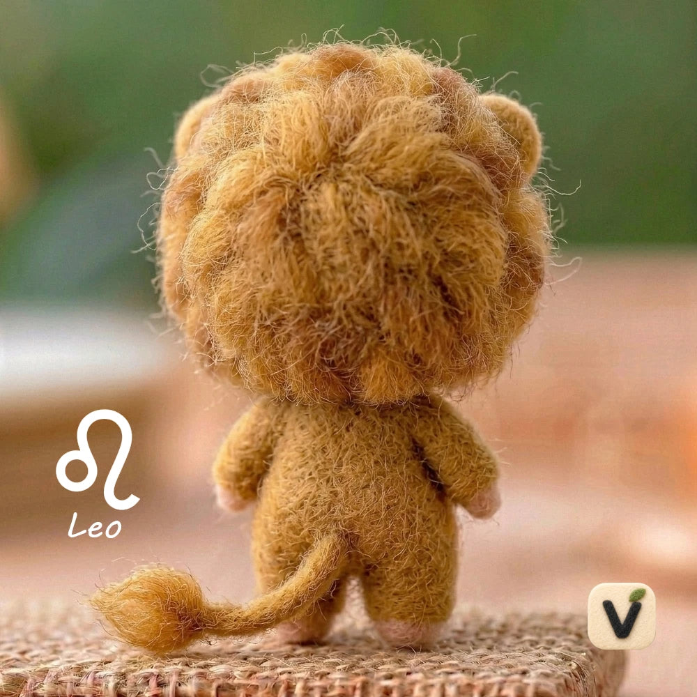 Handmade Wool Felt Leo Zodiac Doll with Lion Hood Jumpsuit – Lovely Constellation Desktop Ornament