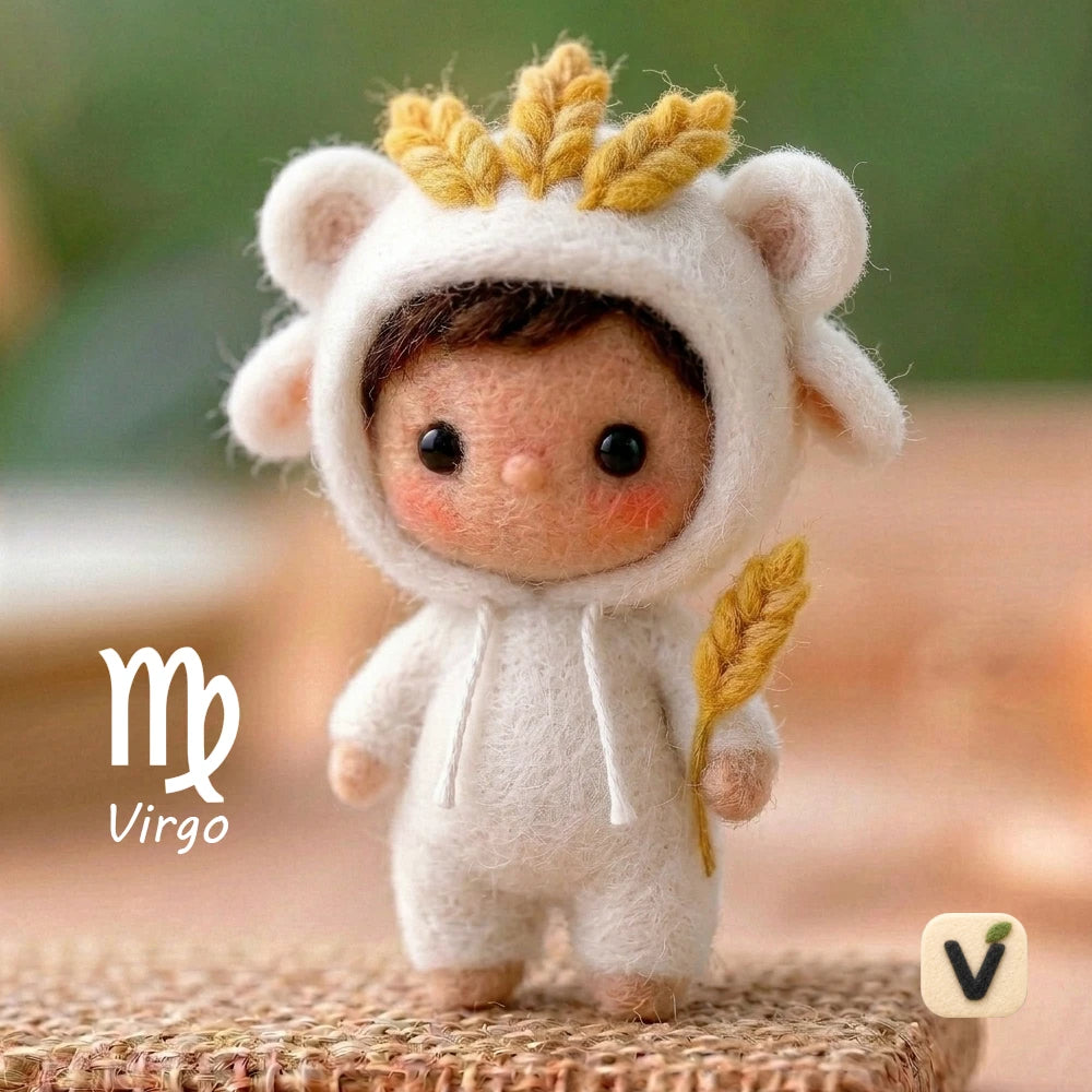 Handmade Wool Felt Virgo Zodiac Constellation Doll with Wheat Hood Onesie – Cute Astrology Desktop Ornament
