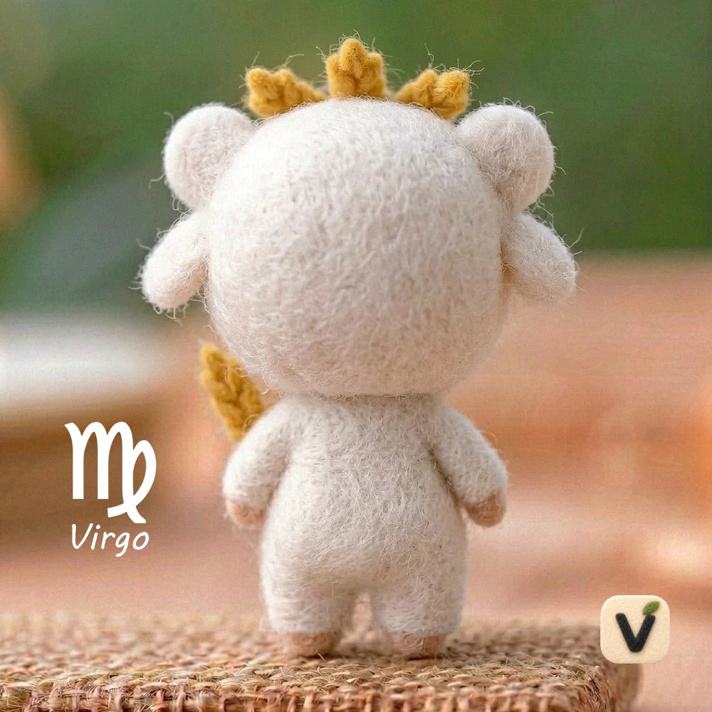 Handmade Wool Felt Virgo Zodiac Constellation Doll with Wheat Hood Onesie – Cute Astrology Desktop Ornament