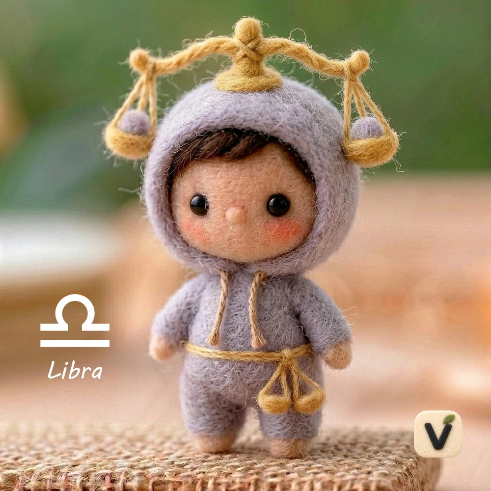 Handmade Wool Felt Libra Ecliptic Zodiac Doll with Balance Scale Hood Onesie – Cute Astrology Desktop Ornament