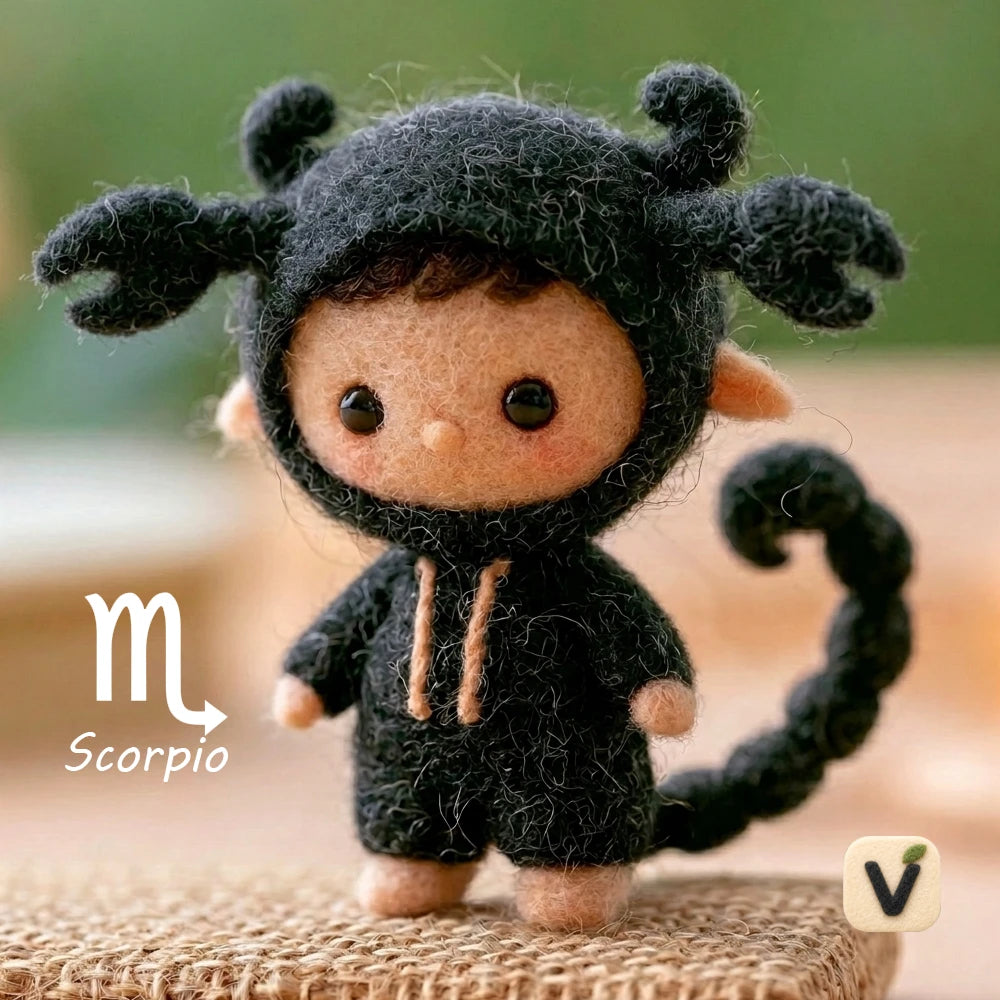 Handmade Wool Felt Scorpio Ecliptic Zodiac Doll with Scorpion Hood Jumpsuit – Cute Astrology Desktop Ornament