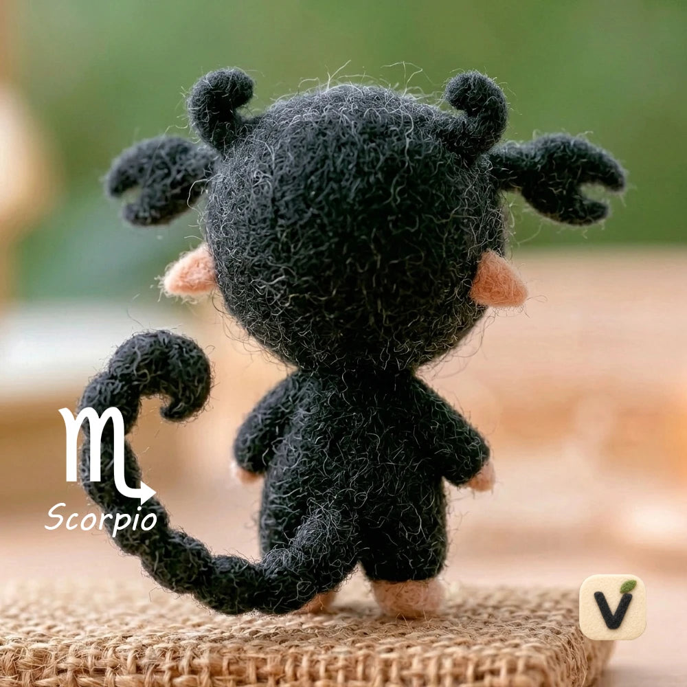 Handmade Wool Felt Scorpio Ecliptic Zodiac Doll with Scorpion Hood Jumpsuit – Cute Astrology Desktop Ornament
