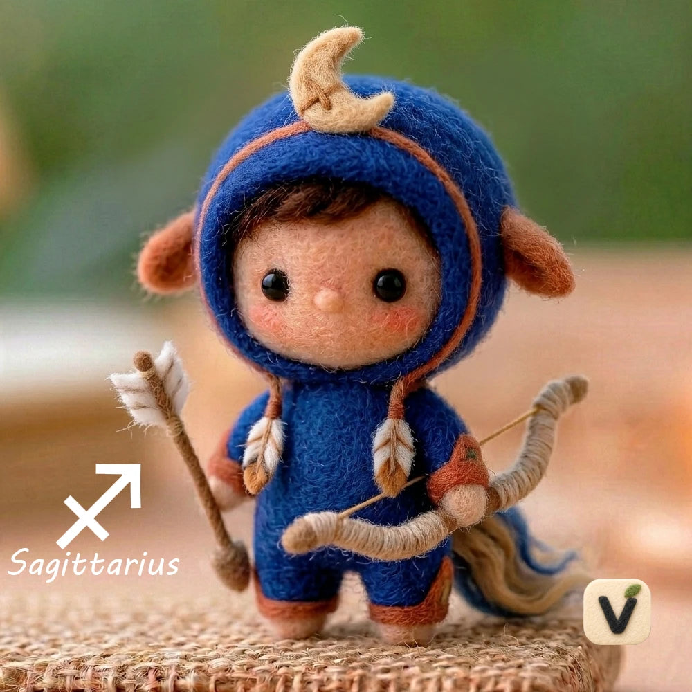 Handmade Wool Felt Sagittarius Ecliptic Zodiac Doll with Bow and Arrow Hood Onesie – Cute Astrology Desktop Ornament