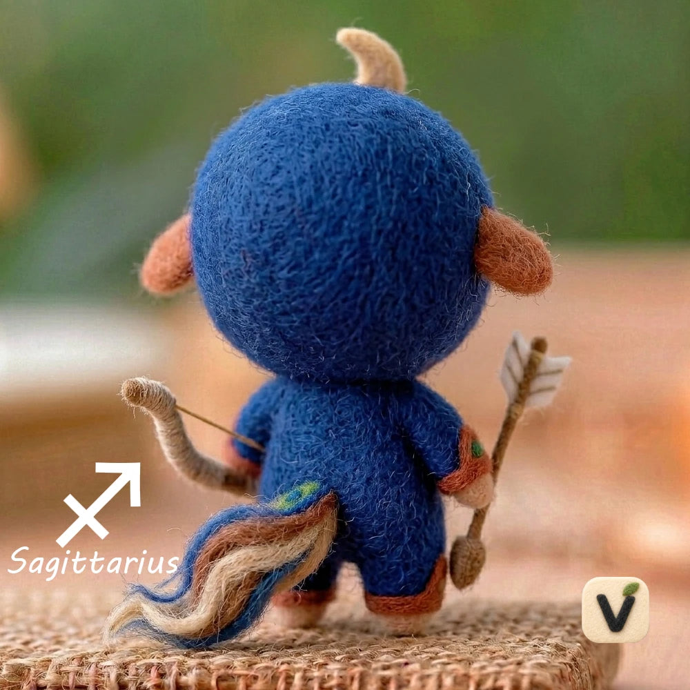Handmade Wool Felt Sagittarius Ecliptic Zodiac Doll with Bow and Arrow Hood Onesie – Cute Astrology Desktop Ornament
