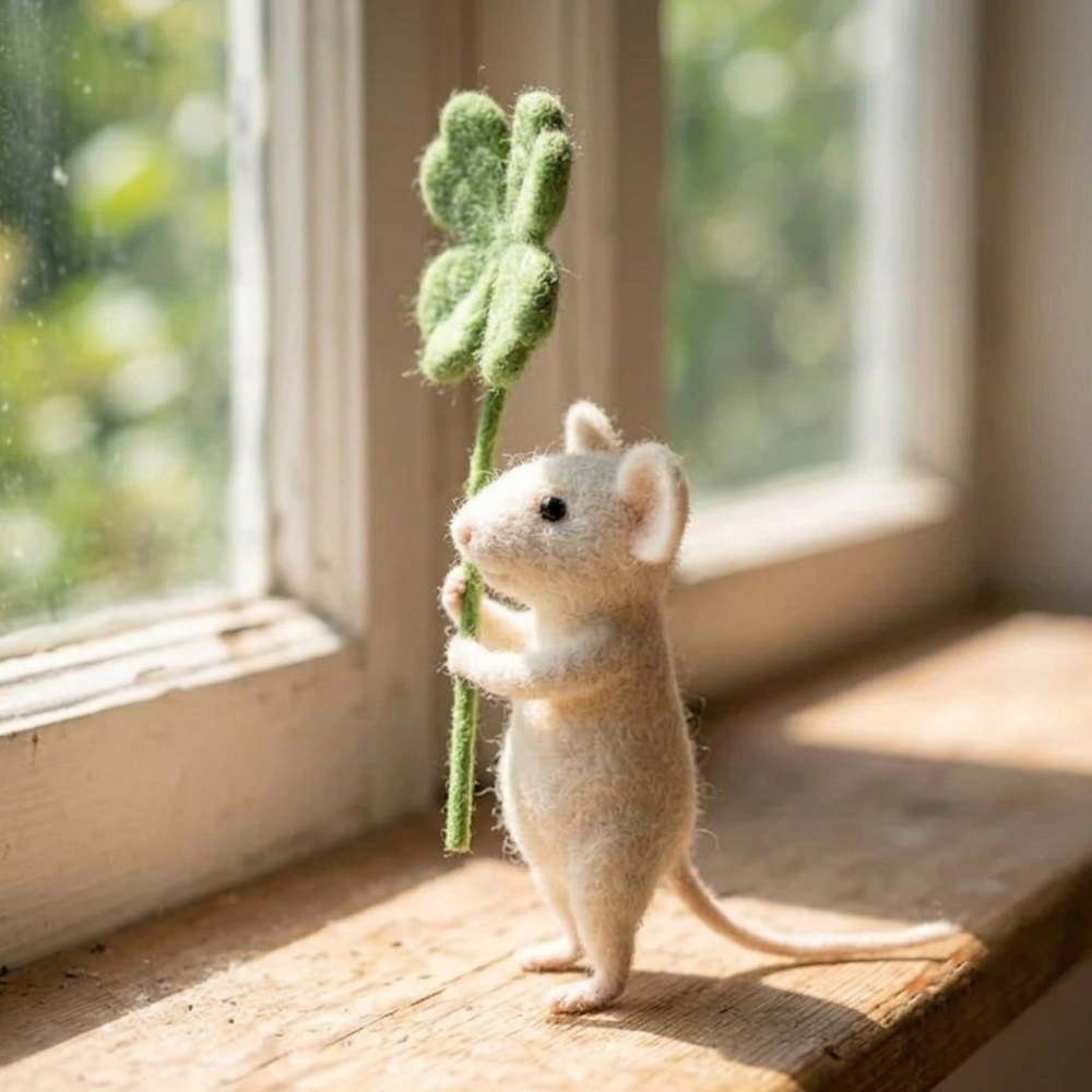 Handmade Wool Felt Lucky Clover Mouse Figurine – Whimsical Good Luck Decor