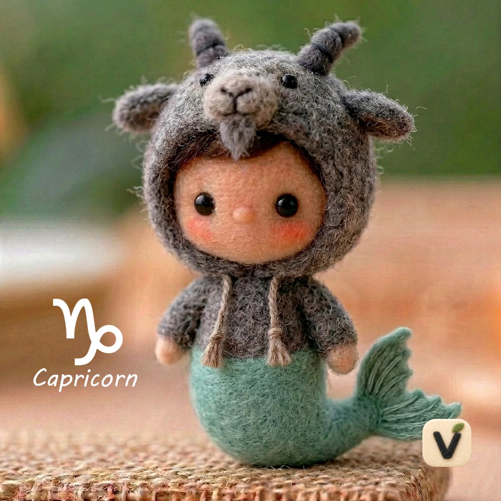 Handmade Wool Felt Capricorn Ecliptic Zodiac Doll with Goat Hood & Mermaid Tail – Cute Astrology Desktop Ornament