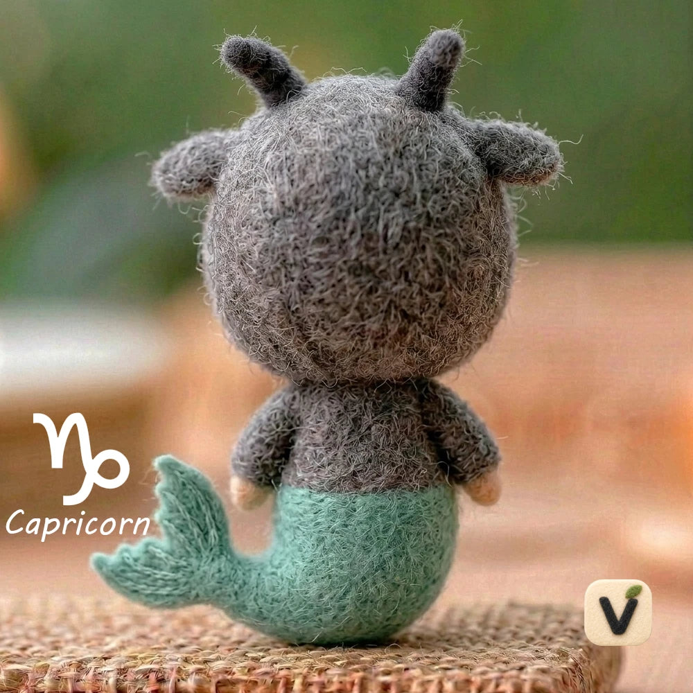 Handmade Wool Felt Capricorn Ecliptic Zodiac Doll with Goat Hood & Mermaid Tail – Cute Astrology Desktop Ornament