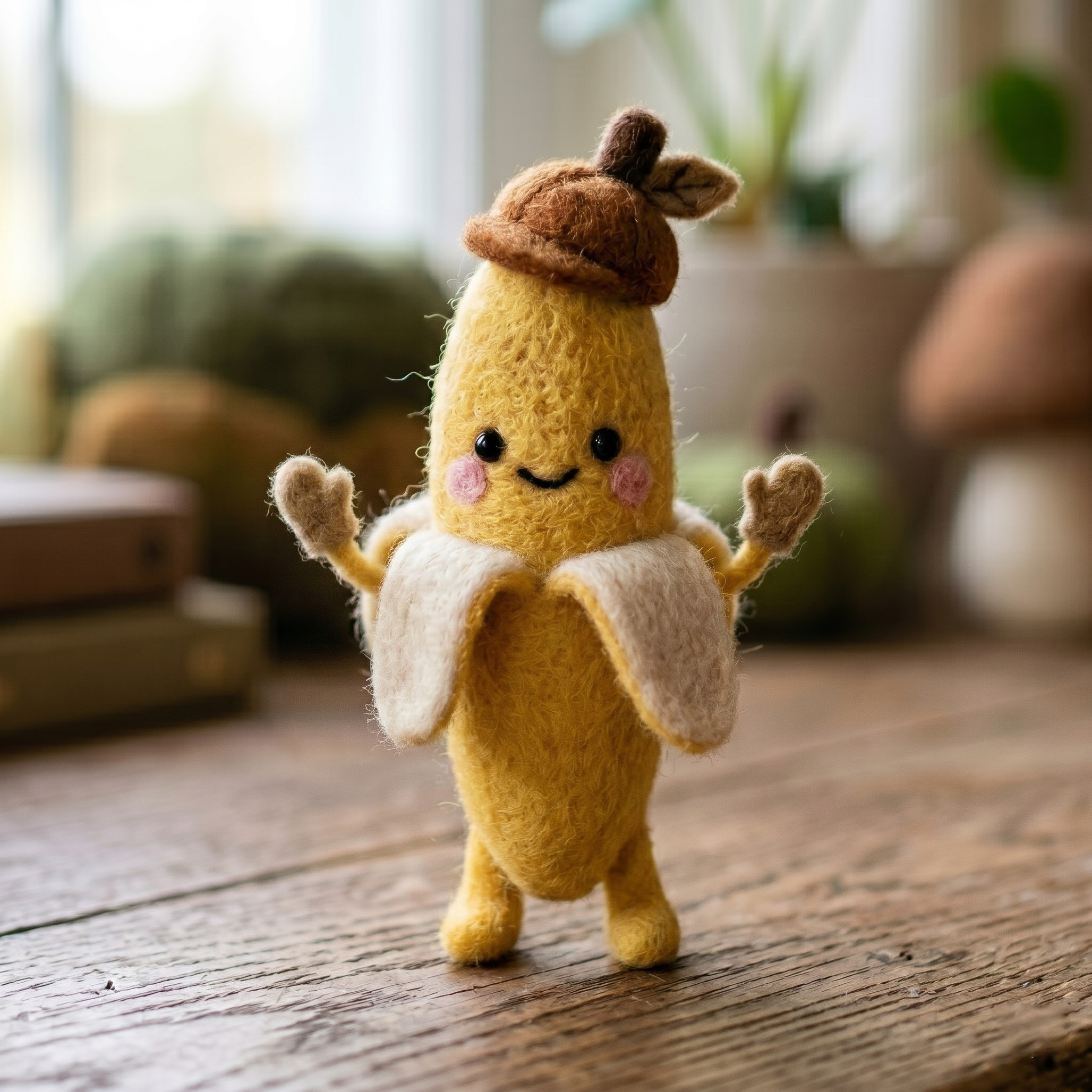 Handmade Wool Felt Banana Character with Beret Figurine – Cute Whimsical Food Decor