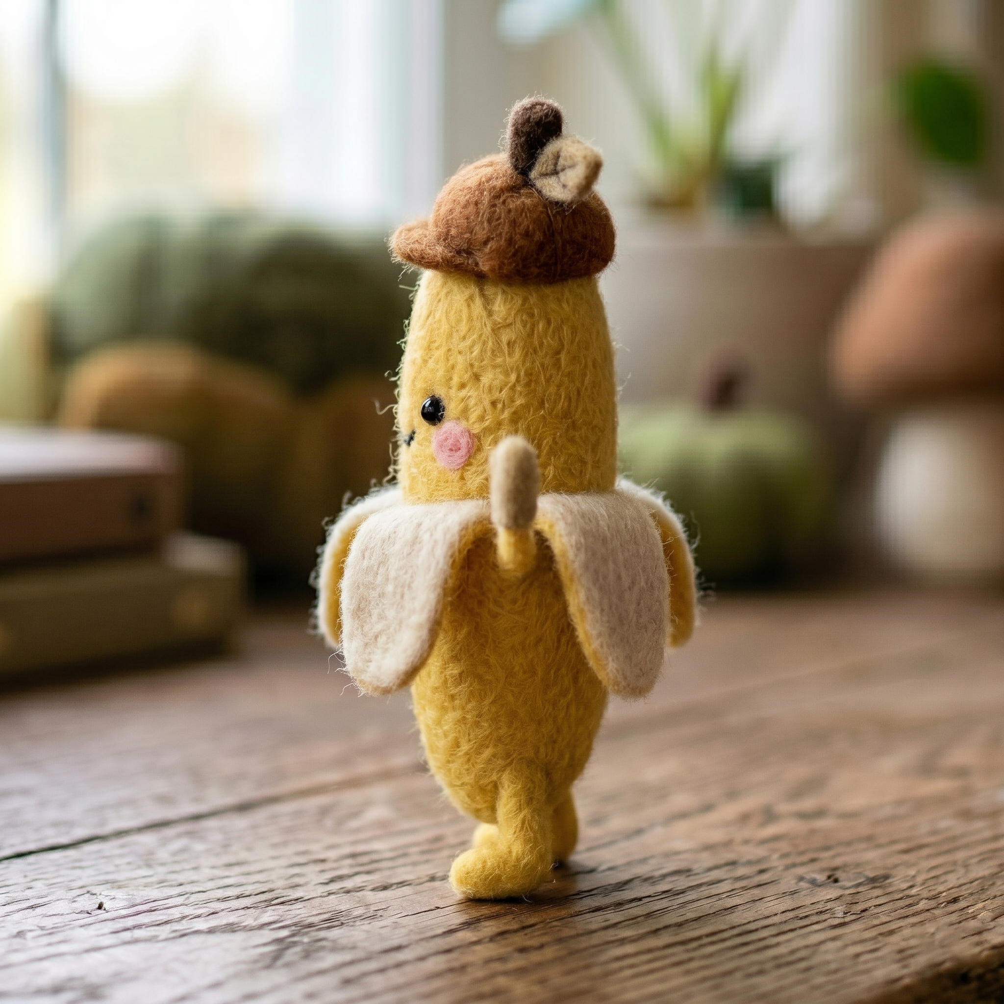 Handmade Wool Felt Banana Character with Beret Figurine – Cute Whimsical Food Decor
