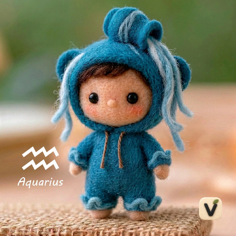 Handmade Wool Felt Aquarius Ecliptic Zodiac Doll with Water Flow Hood Onesie – Cute Astrology Desktop Ornament