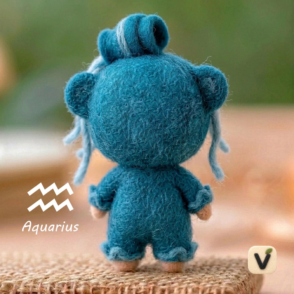 Handmade Wool Felt Aquarius Ecliptic Zodiac Doll with Water Flow Hood Onesie – Cute Astrology Desktop Ornament