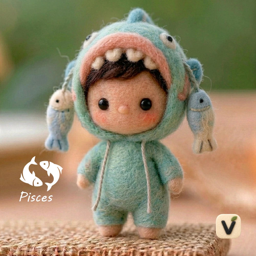 Handmade Wool Felt Pisces Ecliptic Zodiac Doll with Fish-shaped Hood Onesie – Cute Astrology Desktop Ornament