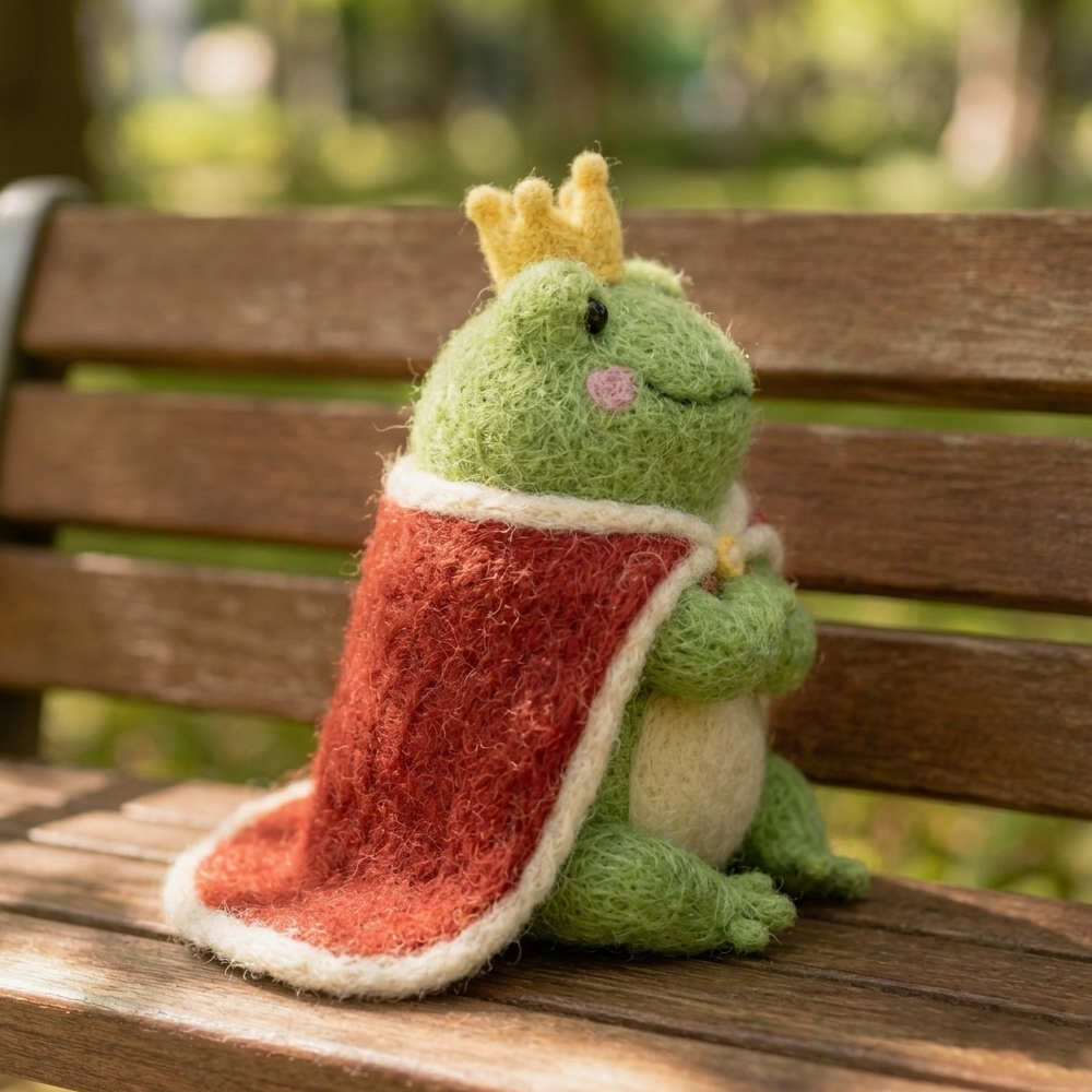 Handmade Wool Felt Frog Prince Figurine – Cute Whimsical Decor