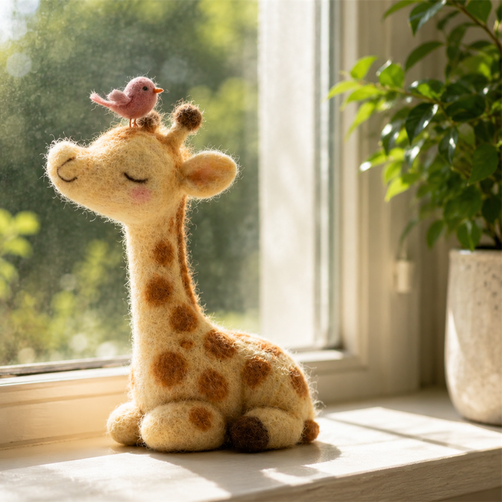 Handmade Wool Felt Giraffe with Pink Bird Figurine – Cute Whimsical Decor