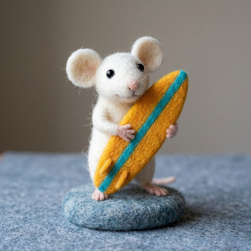 Handmade Wool Felt Surfer Mouse Figurine – Whimsical Summer Decor