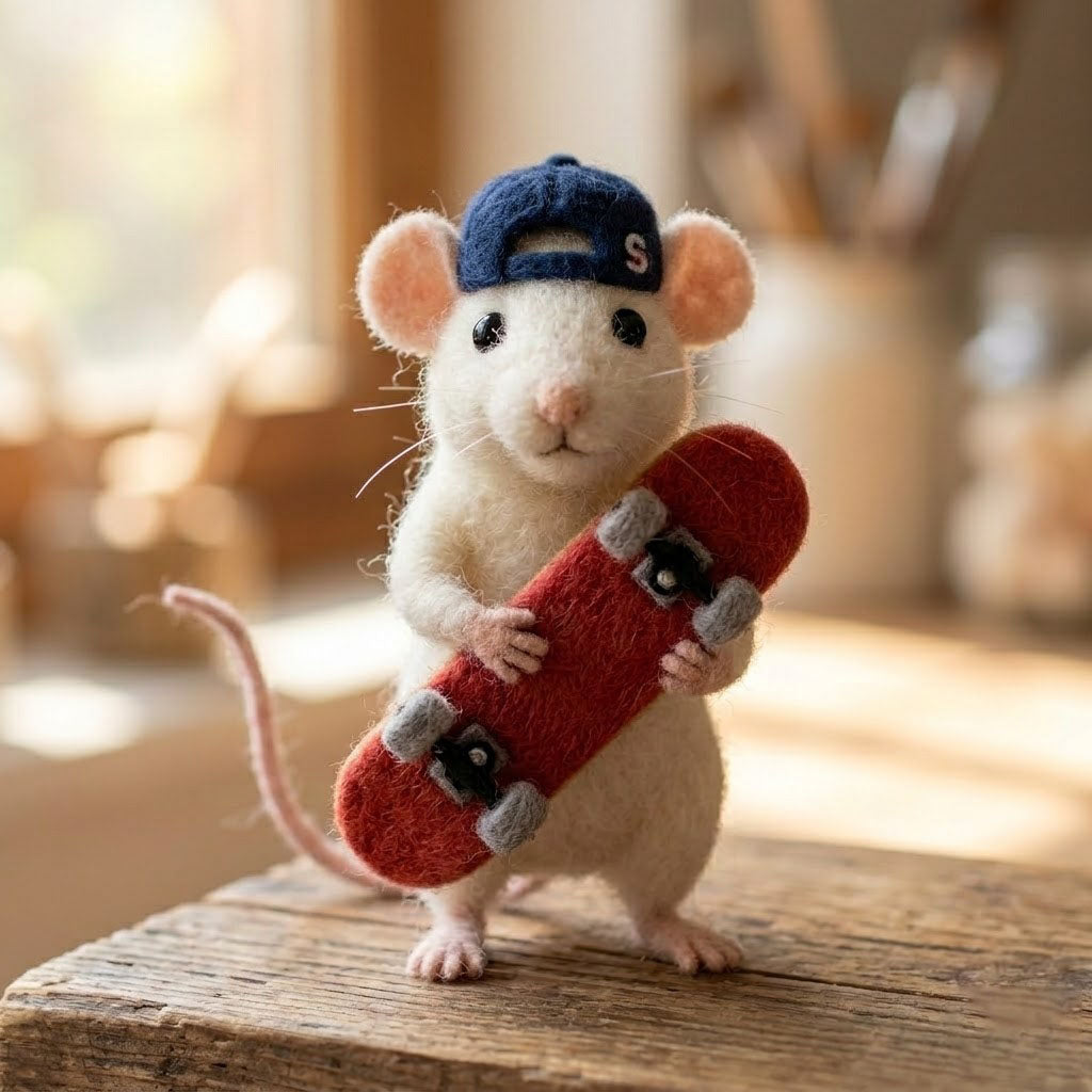 Handmade Wool Felt Skateboarder Mouse Figurine – Cool Whimsical Decor