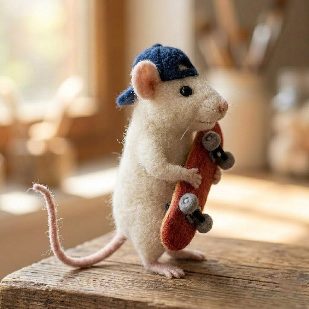 Handmade Wool Felt Skateboarder Mouse Figurine – Cool Whimsical Decor