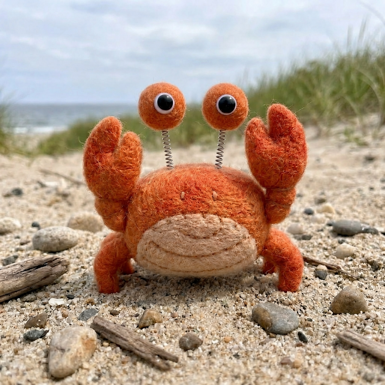 Handmade Wool Felt Spring-Eyed Crab Figurine – Cute Beach Themed Decor