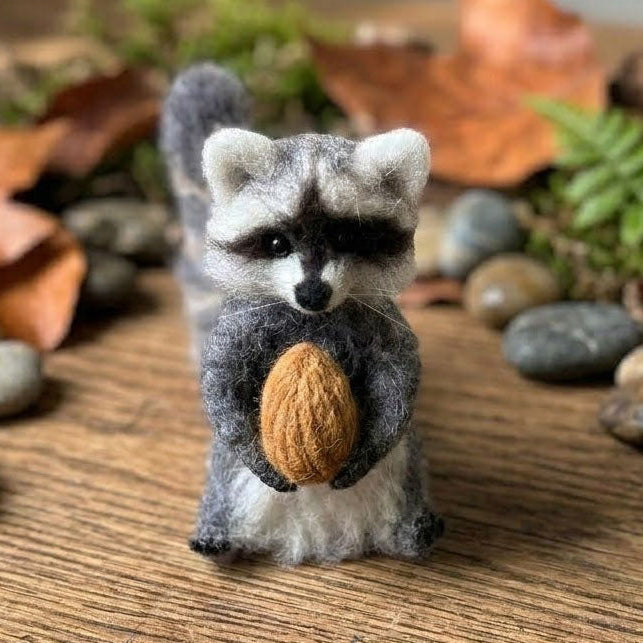 Handmade Wool Felt Raccoon with Acorn Figurine – Cute Woodland Decor
