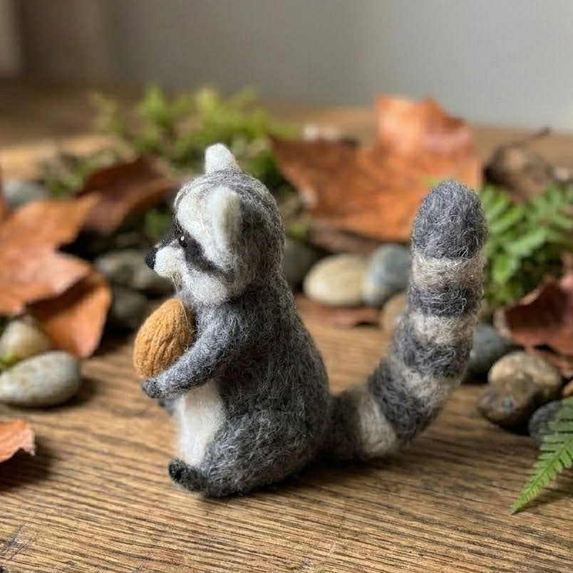 Handmade Wool Felt Raccoon with Acorn Figurine – Cute Woodland Decor