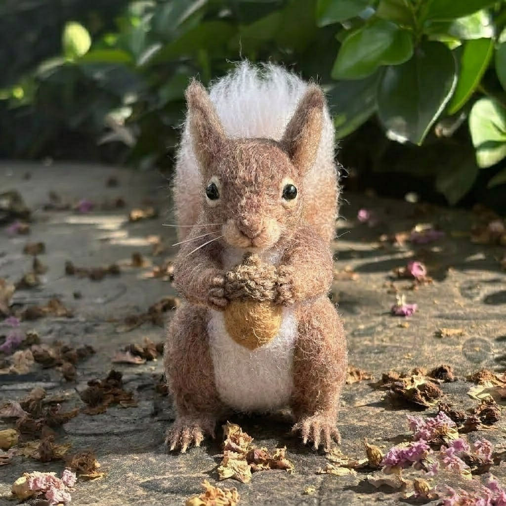 Handmade Wool Felt Squirrel with Acorn Figurine – Cute Woodland Decor