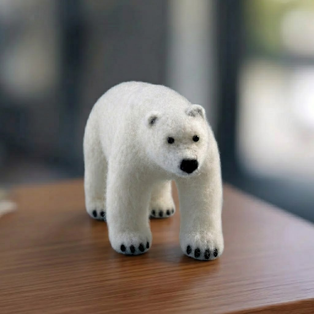 Handmade Wool Felt Polar Bear Figurine – Cute Arctic Wildlife Decor