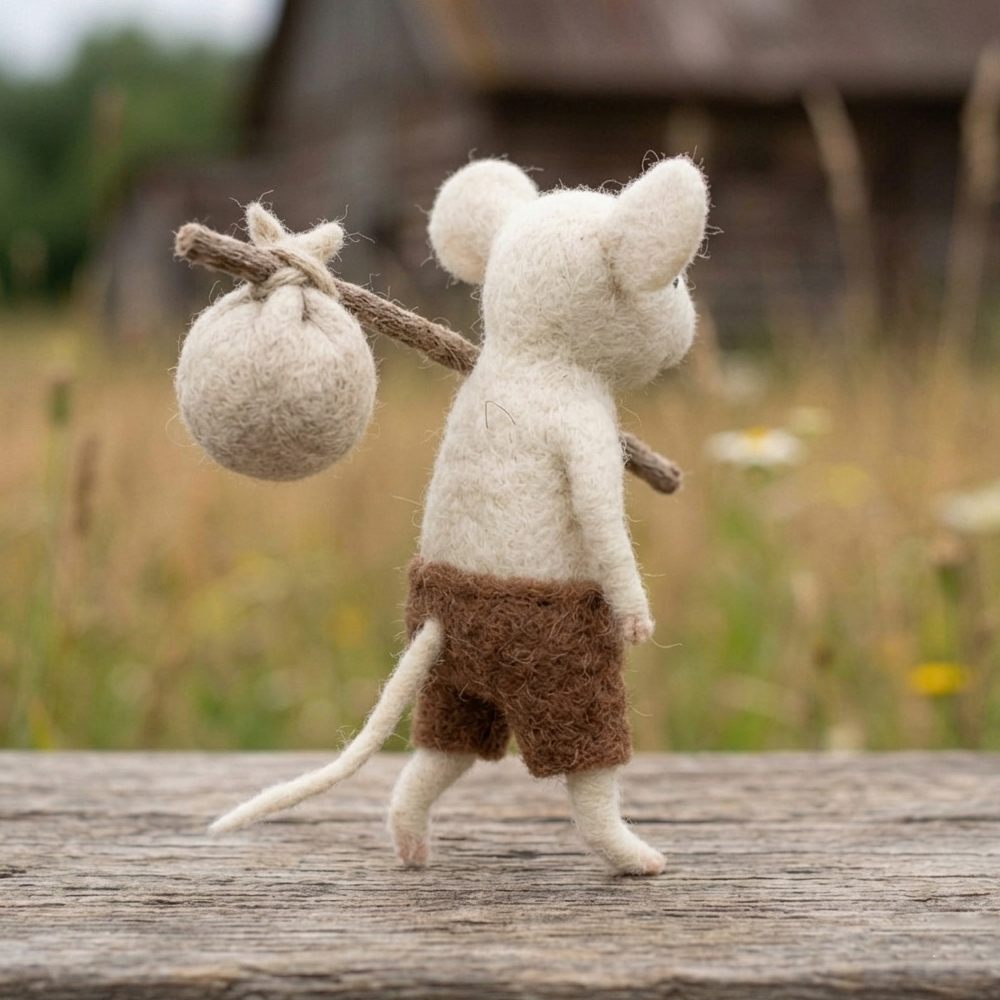 Handmade Wool Felt Traveling White Mouse Figurine – Cute Whimsical Adventure Decor