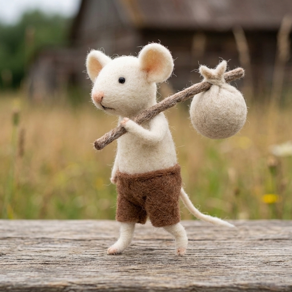 Handmade Wool Felt Traveling White Mouse Figurine – Cute Whimsical Adventure Decor