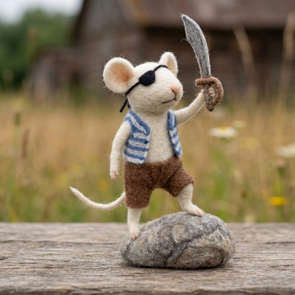 Handmade Wool Felt Pirate Mouse Figurine – Cute Whimsical Adventure Decor
