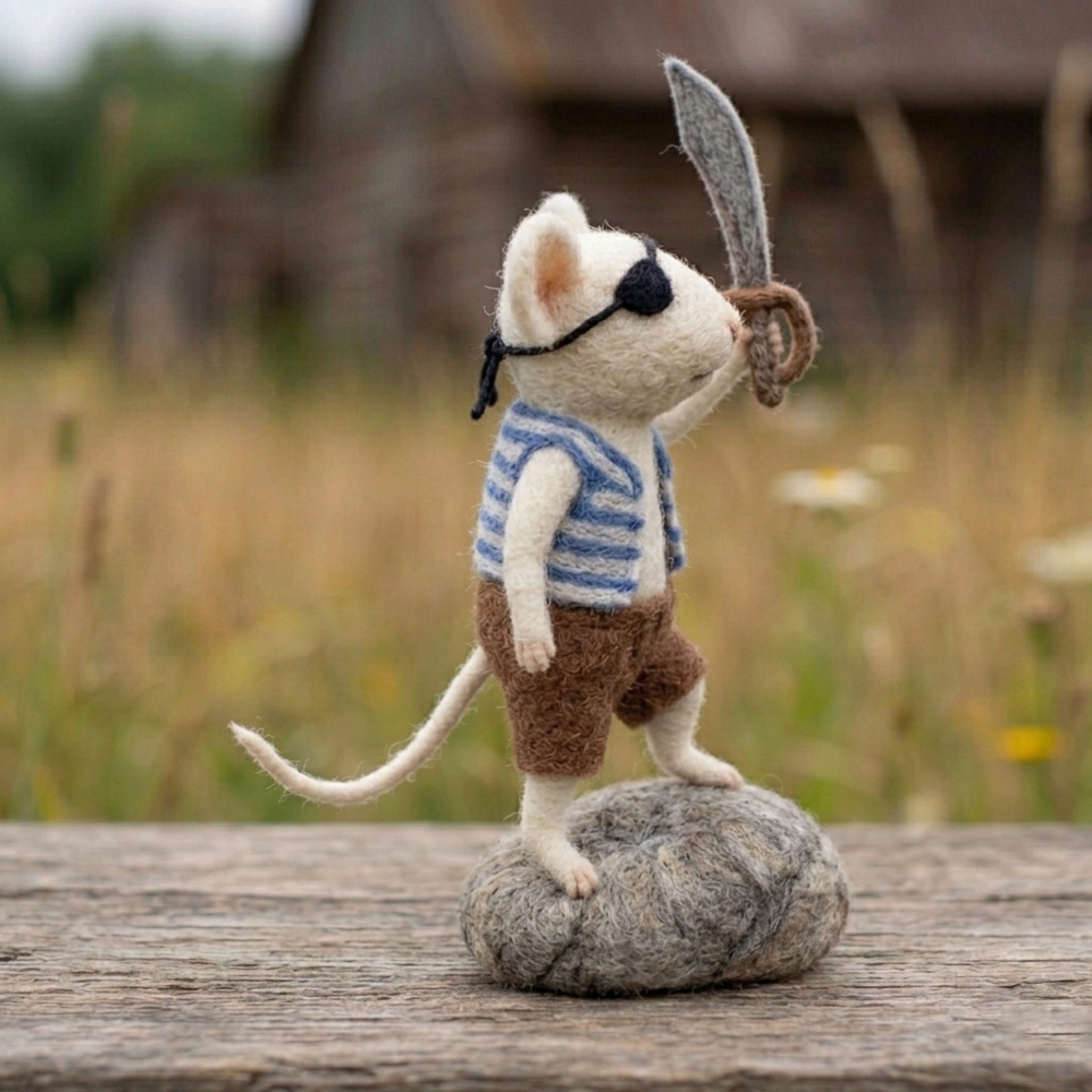 Handmade Wool Felt Pirate Mouse Figurine – Cute Whimsical Adventure Decor