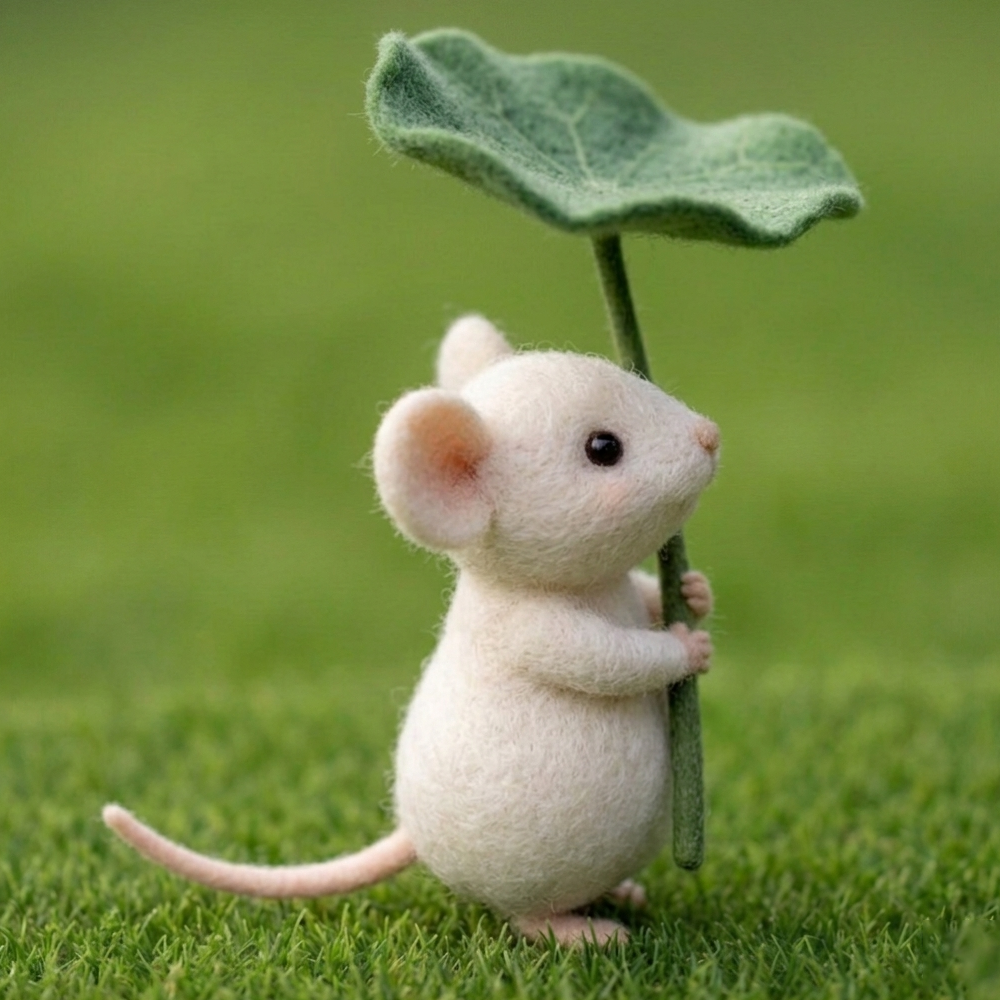 Handmade Wool Felt White Mouse with Leaf Umbrella Figurine – Cute Whimsical Nature Decor