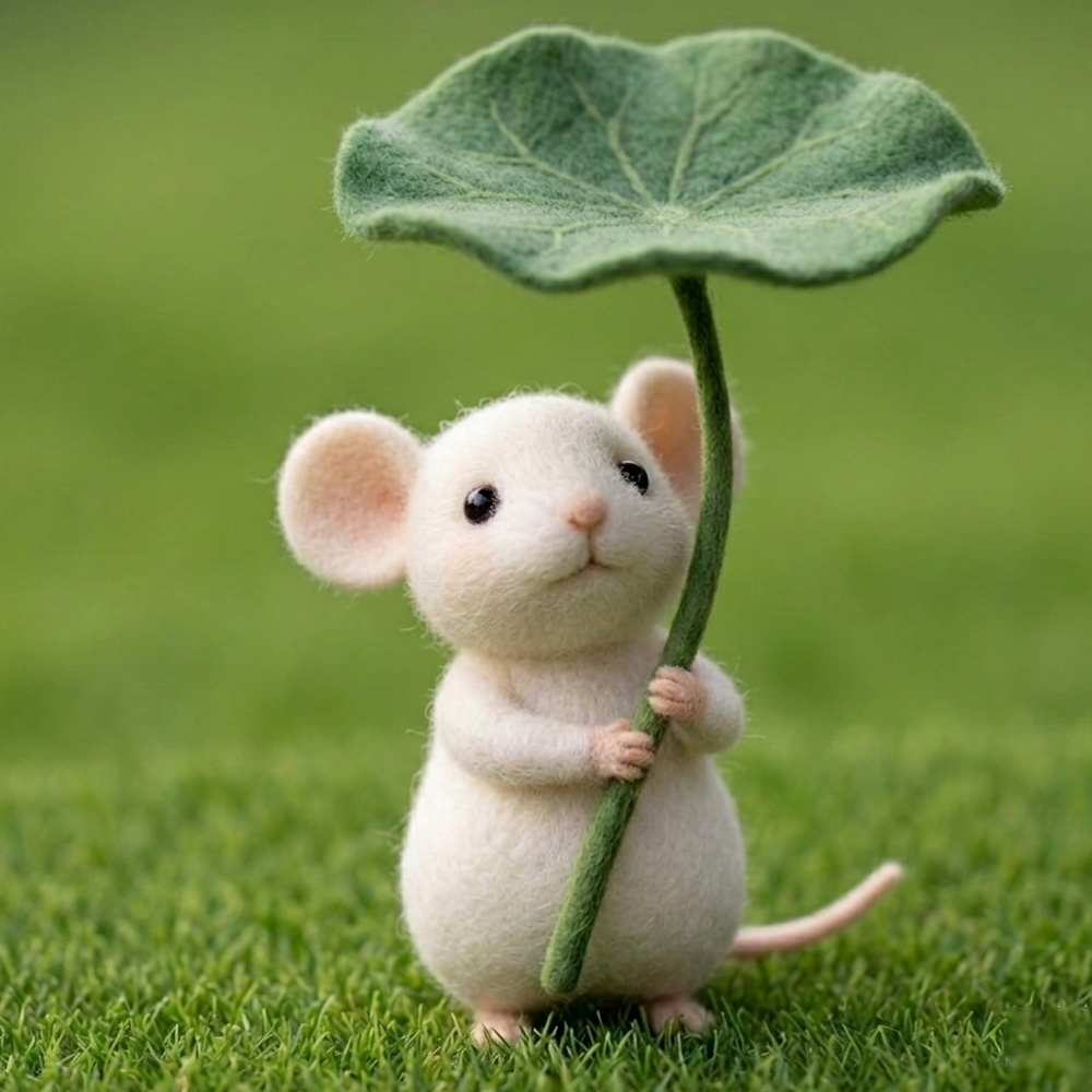 Handmade Wool Felt White Mouse with Leaf Umbrella Figurine – Cute Whimsical Nature Decor