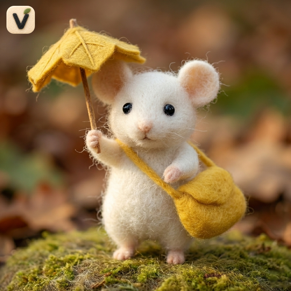 Handmade Wool Felt White Mouse with Leaf Umbrella & Bag Figurine – Cute Whimsical Autumn Decor