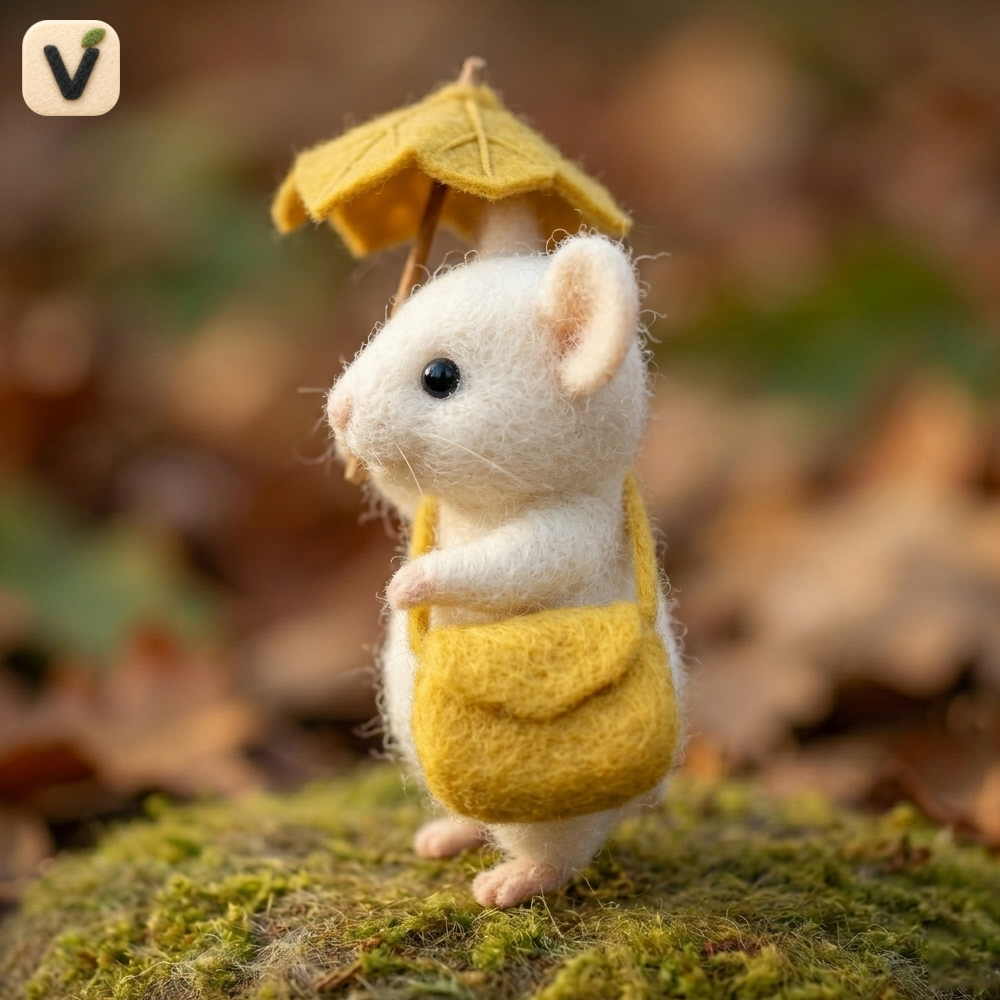 Handmade Wool Felt White Mouse with Leaf Umbrella & Bag Figurine – Cute Whimsical Autumn Decor