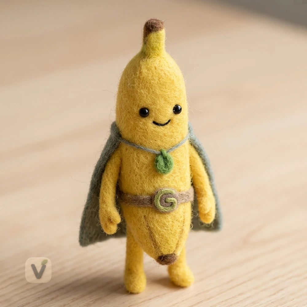 Handmade Wool Felt Superhero Banana Figurine with Cape & Belt – Cute Cartoon Fruit Desktop Decor
