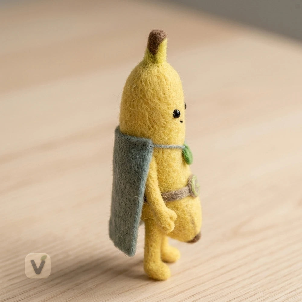 Handmade Wool Felt Superhero Banana Figurine with Cape & Belt – Cute Cartoon Fruit Desktop Decor