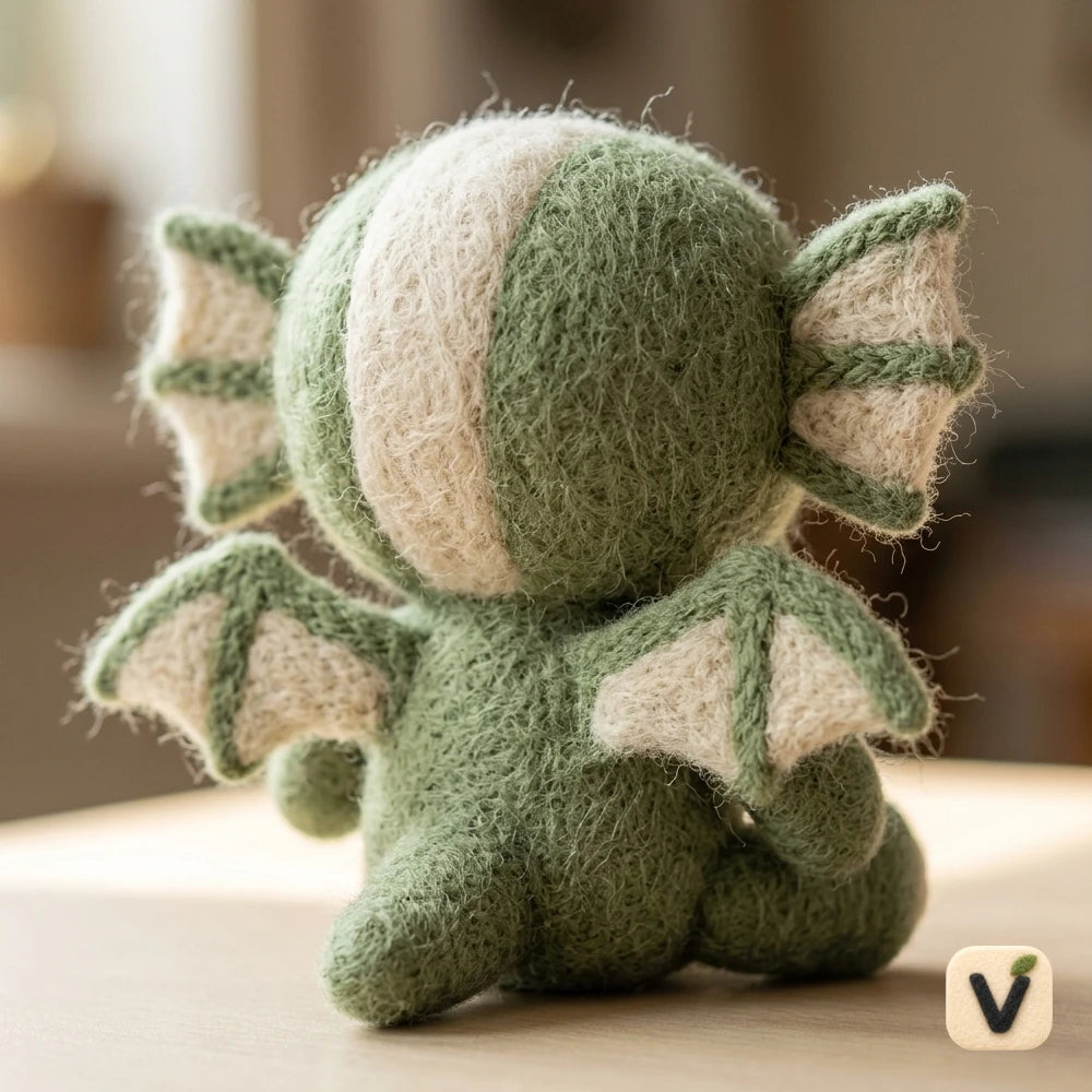 Handmade Wool Felt Kawaii Green Cthulhu Figurine with Bat Wings – Mythical Monster Table Decor