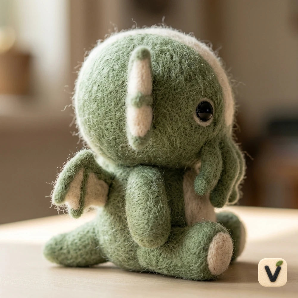 Handmade Wool Felt Kawaii Green Cthulhu Figurine with Bat Wings – Mythical Monster Table Decor