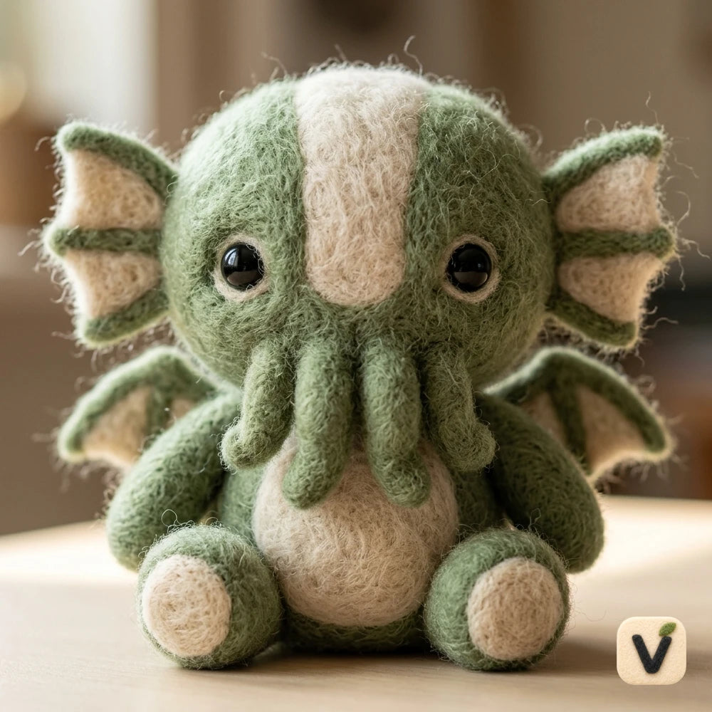 Handmade Wool Felt Kawaii Green Cthulhu Figurine with Bat Wings – Mythical Monster Table Decor