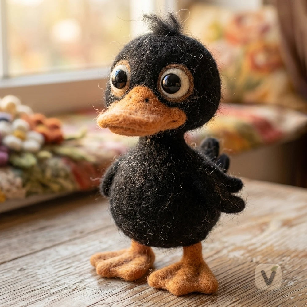 Handmade Wool Felt Cute Black Duckling Figurine – Rustic Farm Animal Desktop Ornament