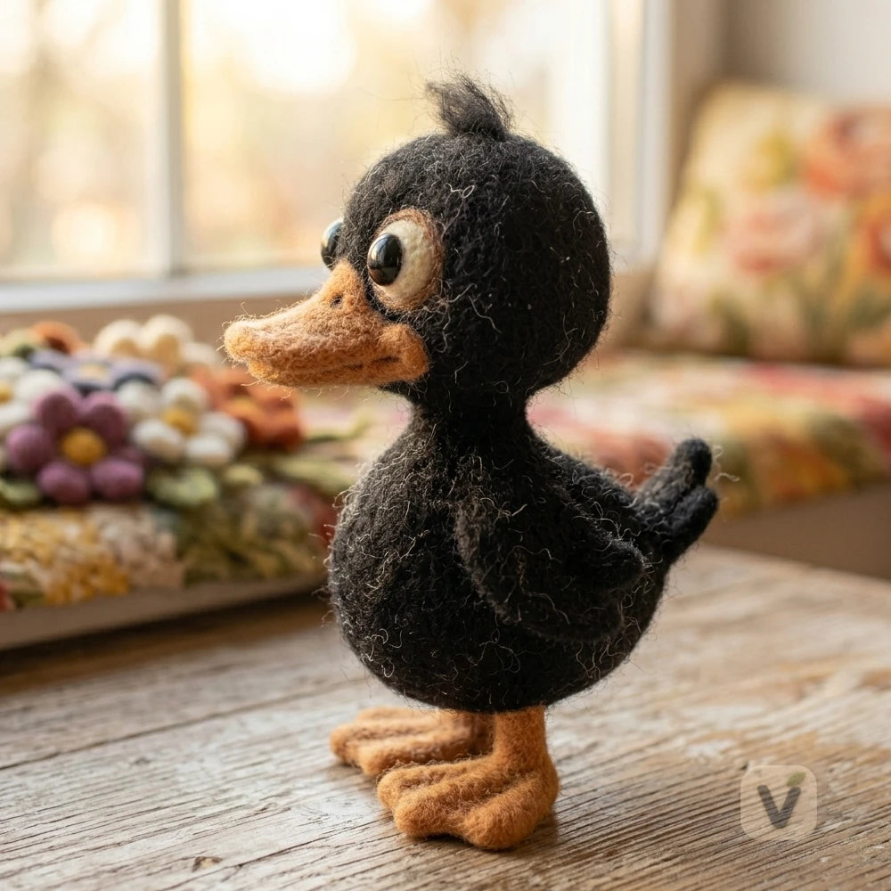 Handmade Wool Felt Cute Black Duckling Figurine – Rustic Farm Animal Desktop Ornament