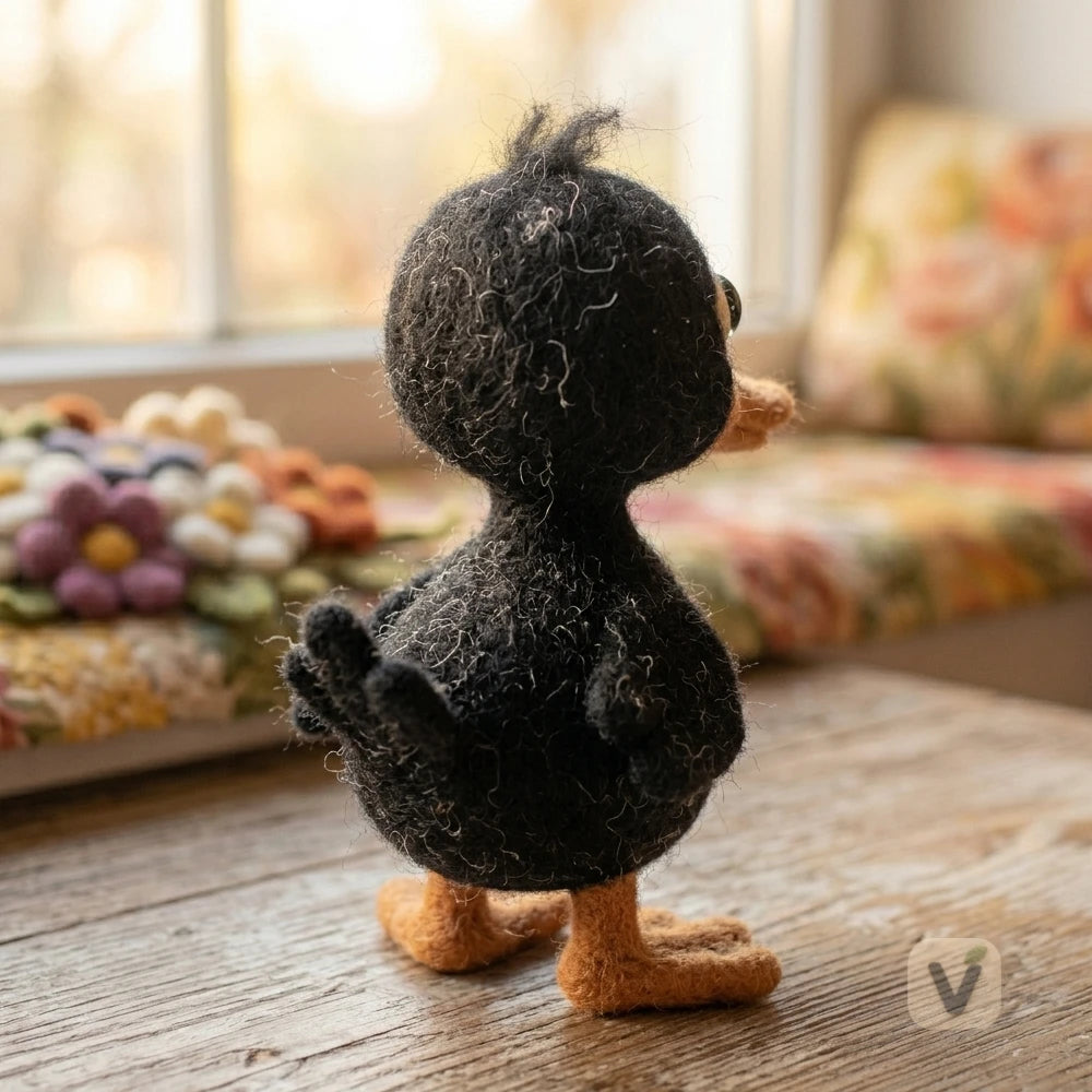 Handmade Wool Felt Cute Black Duckling Figurine – Rustic Farm Animal Desktop Ornament